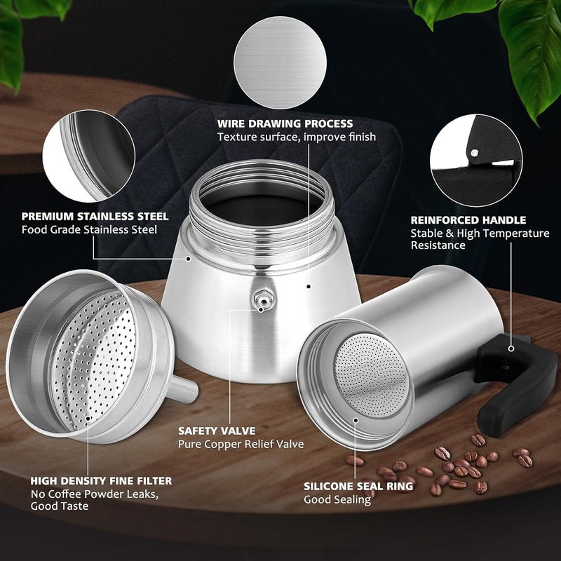 VONATES Stovetop Espresso Maker Stainless Steel Moka Pot, 6 cup Espresso Coffee Pots 300ml/10oz(Espresso Cup=50ml/1.7oz), Italian Coffee Maker for Induction Cookers Hobs, Cafe Maker for Camping Home - Image 3